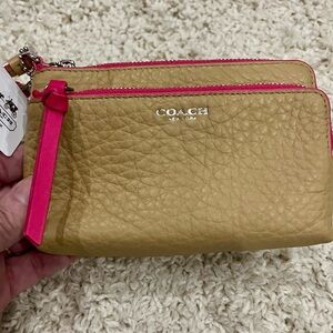Coach Tan Wristlet with Pink Zipper